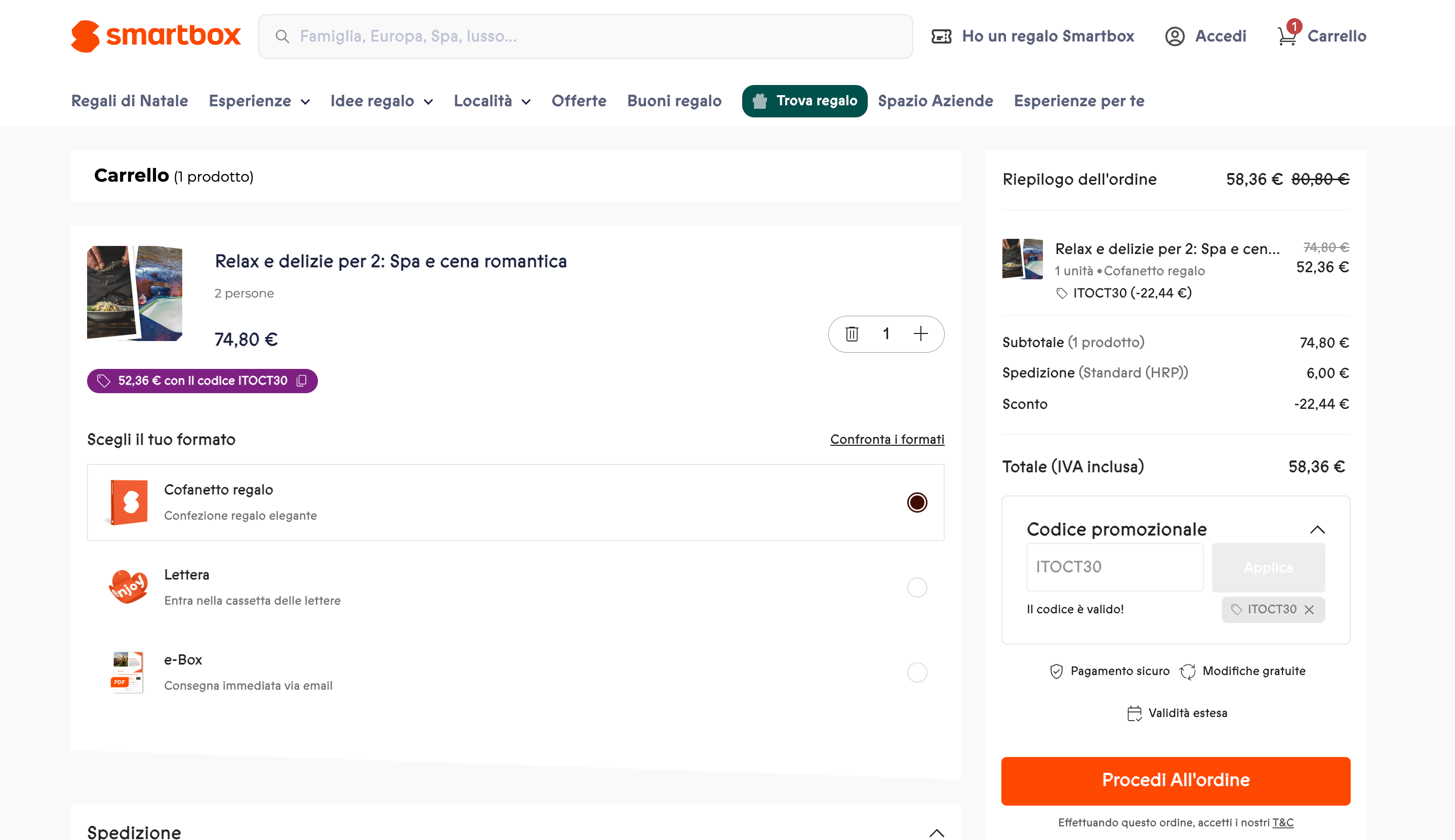 Sconto Smartbox applicato al carrello